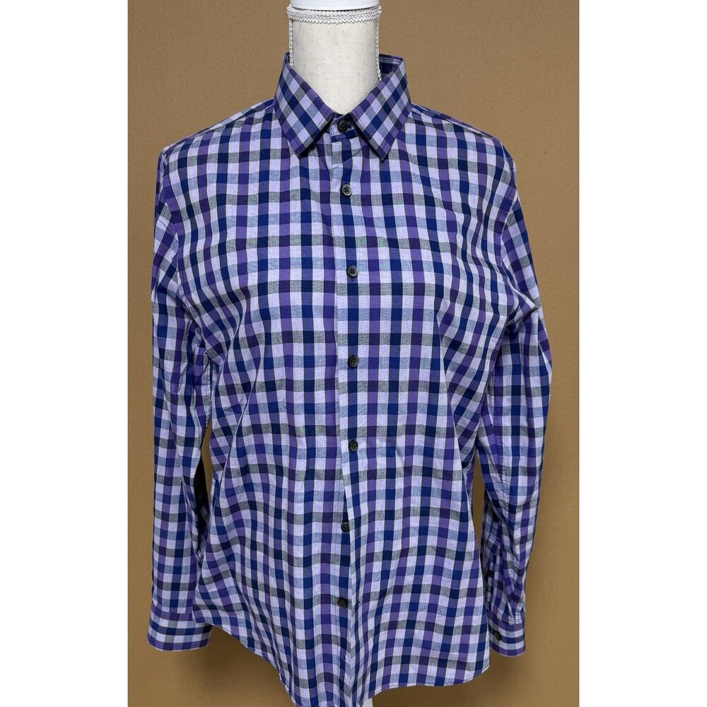 Express Mens Long Sleeve Fitted Purple Plaid Medium/15-15.5